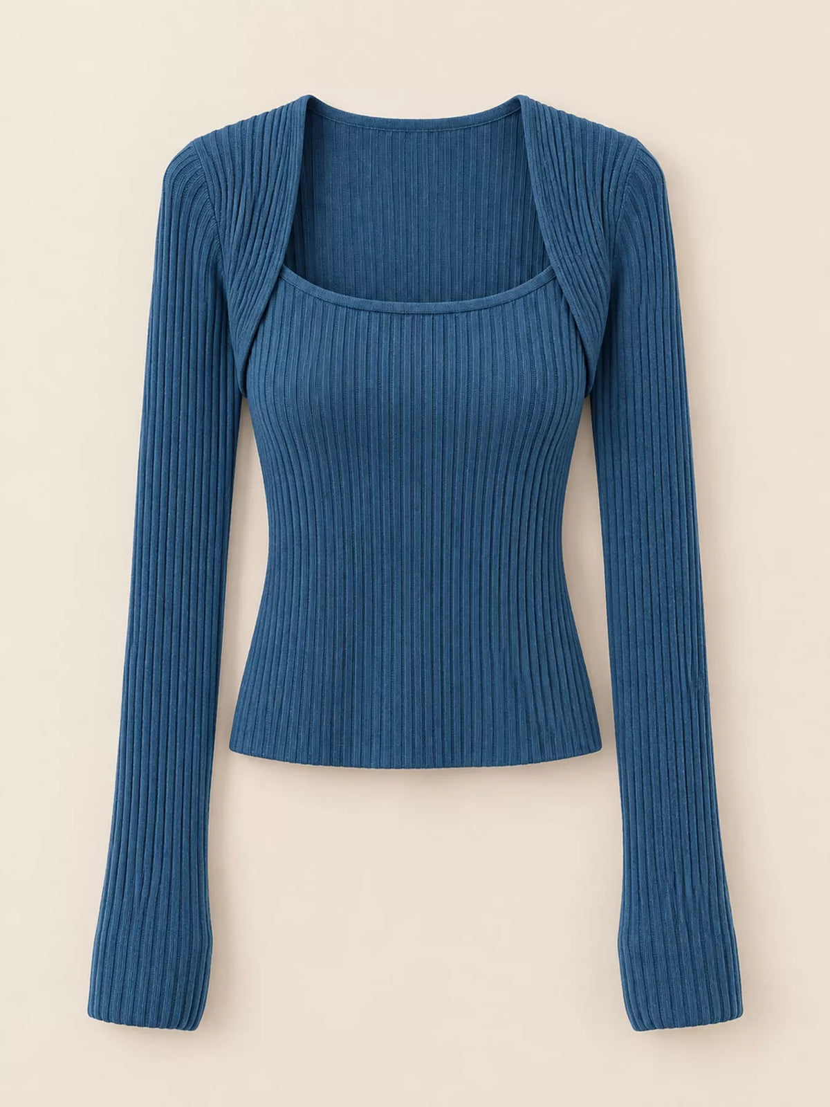 Blue square neck ribbed knit slim-fit top
