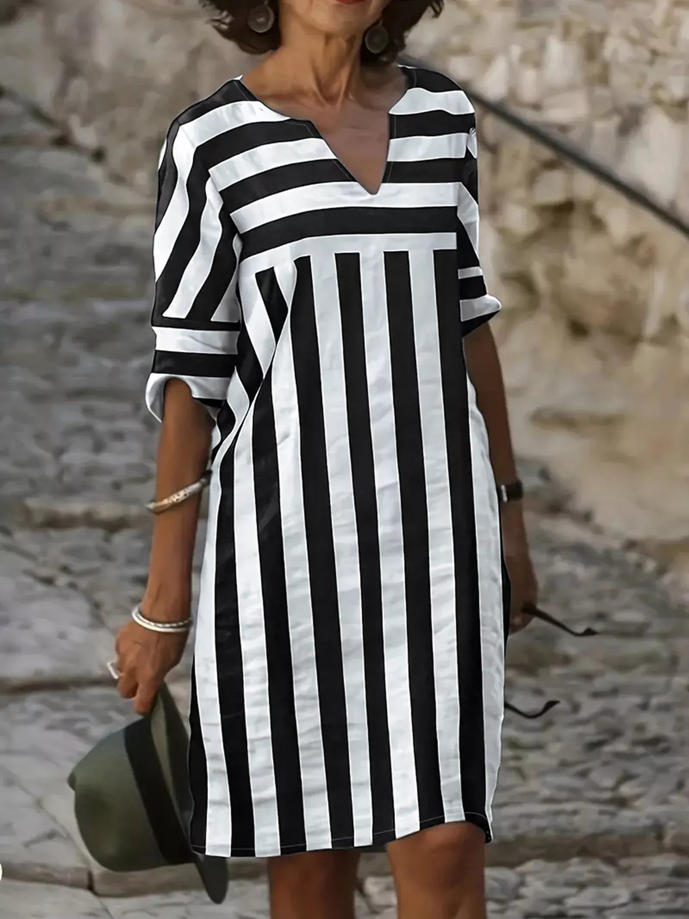 Trendsi Striped Notched Casual Mini Dress -