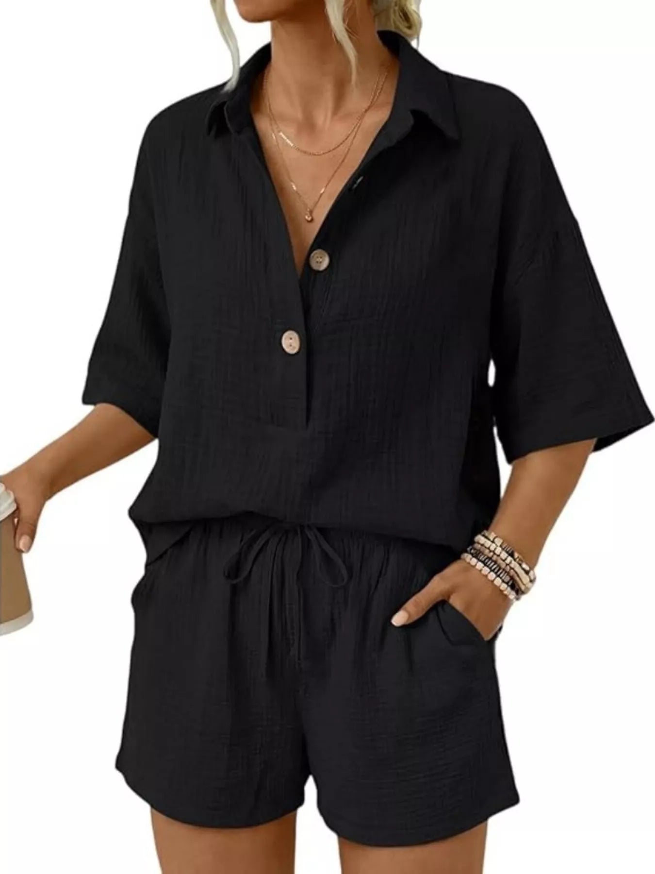 Trendsi Linen Button Front Short Sleeve Top and Shorts Set - Shorts