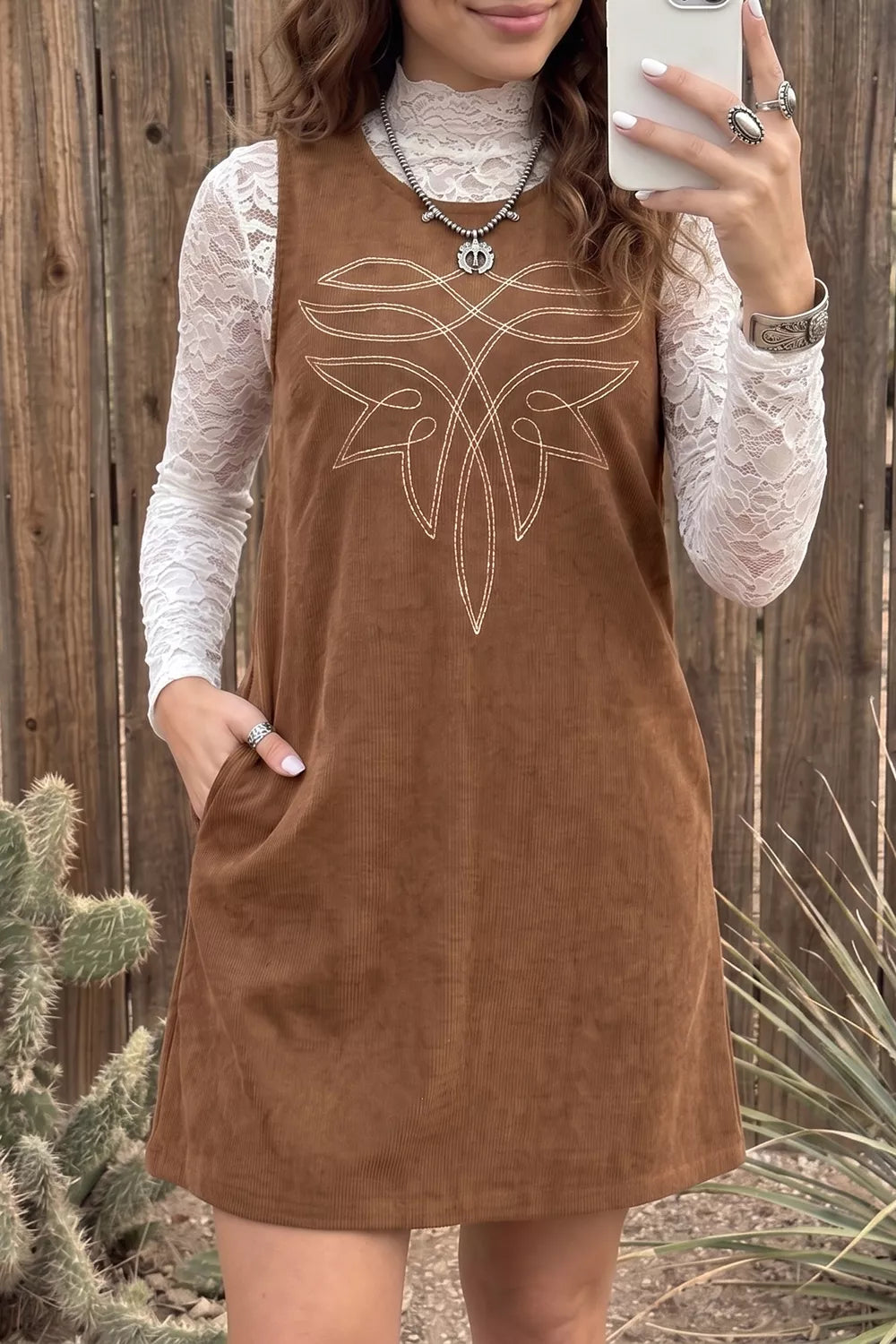 Trendsi Geometric Embroidery Sleeveless Corduroy Shift Dress -