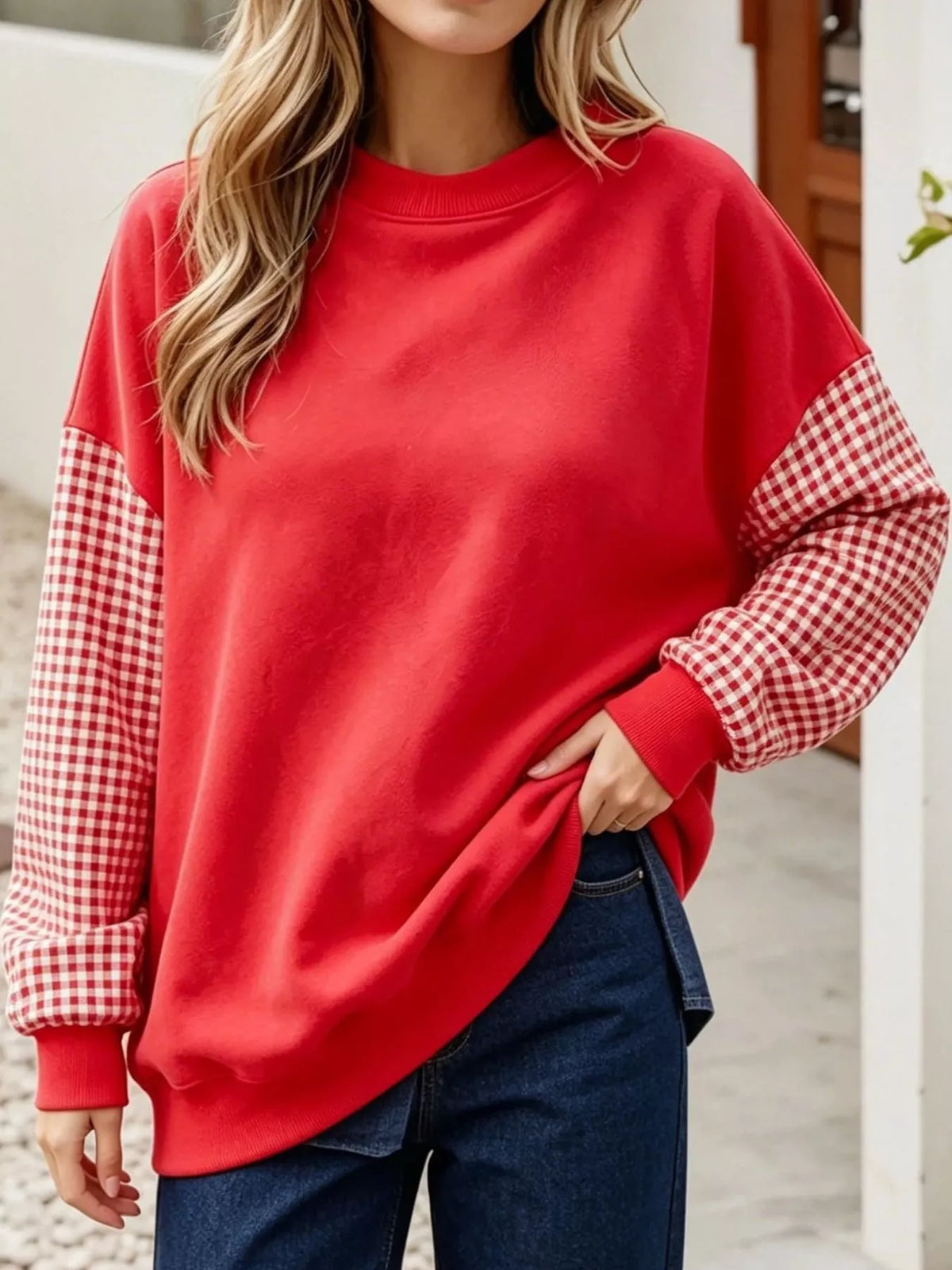 Red and white gingham sleeve dropped shoulder sweatshirt, front view