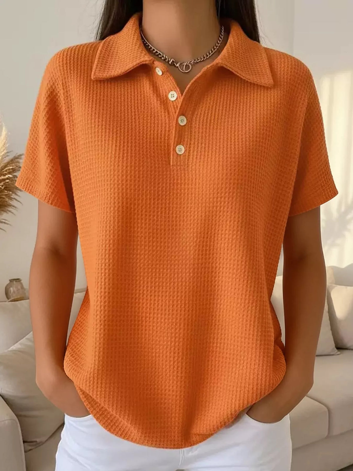 Waffle Knit Quarter-Button Polo T-Shirt — front view