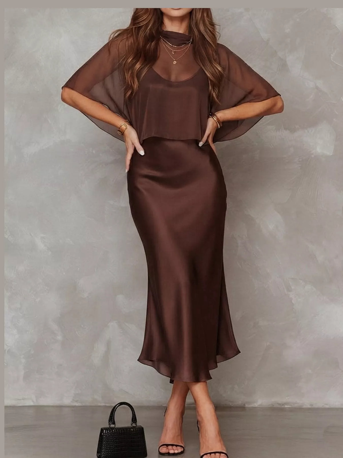 Brown satin cami dress and sheer cover up set — front view