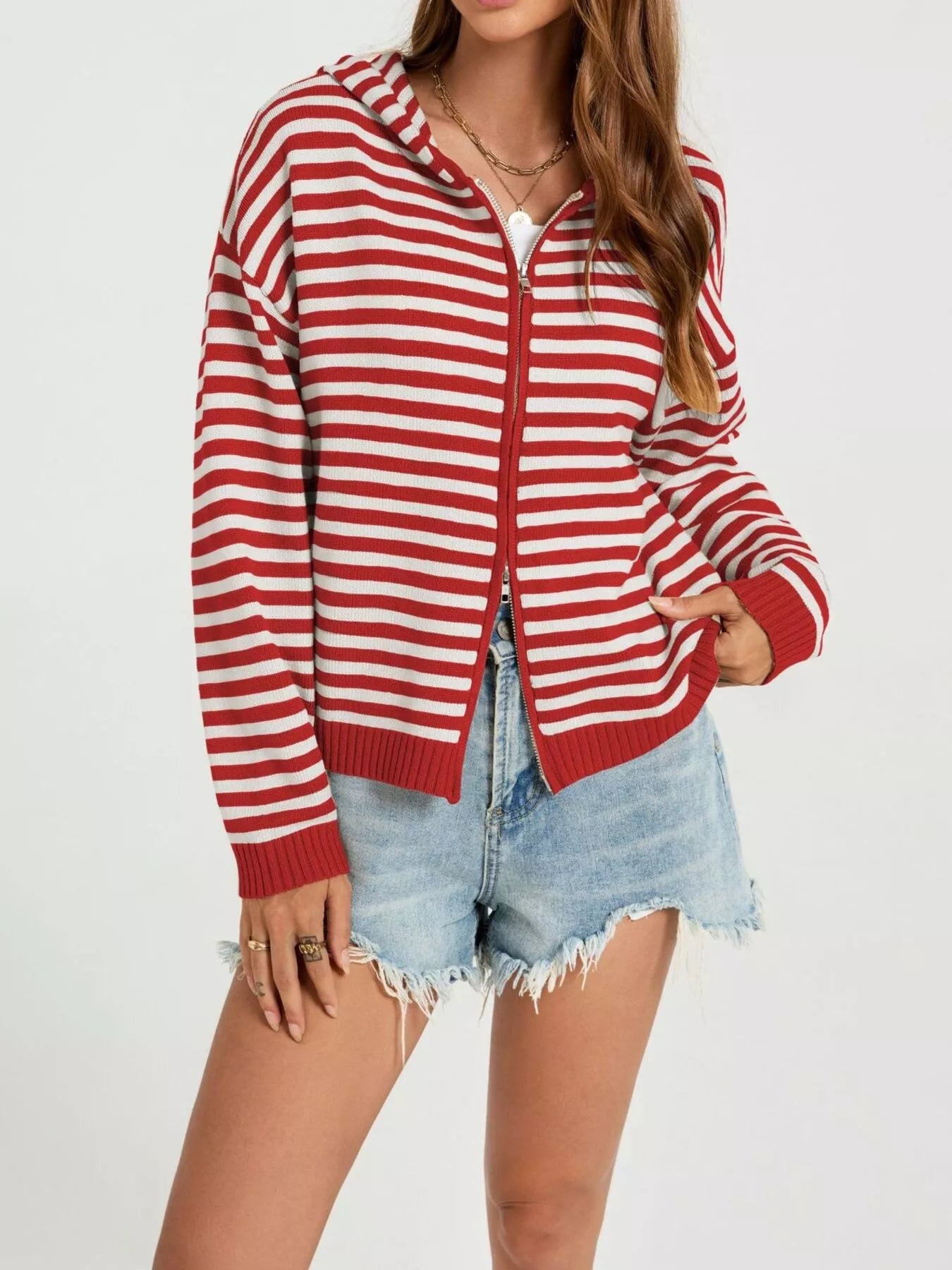 Trendsi Striped Hooded Zip-Up Knit Cardigan -