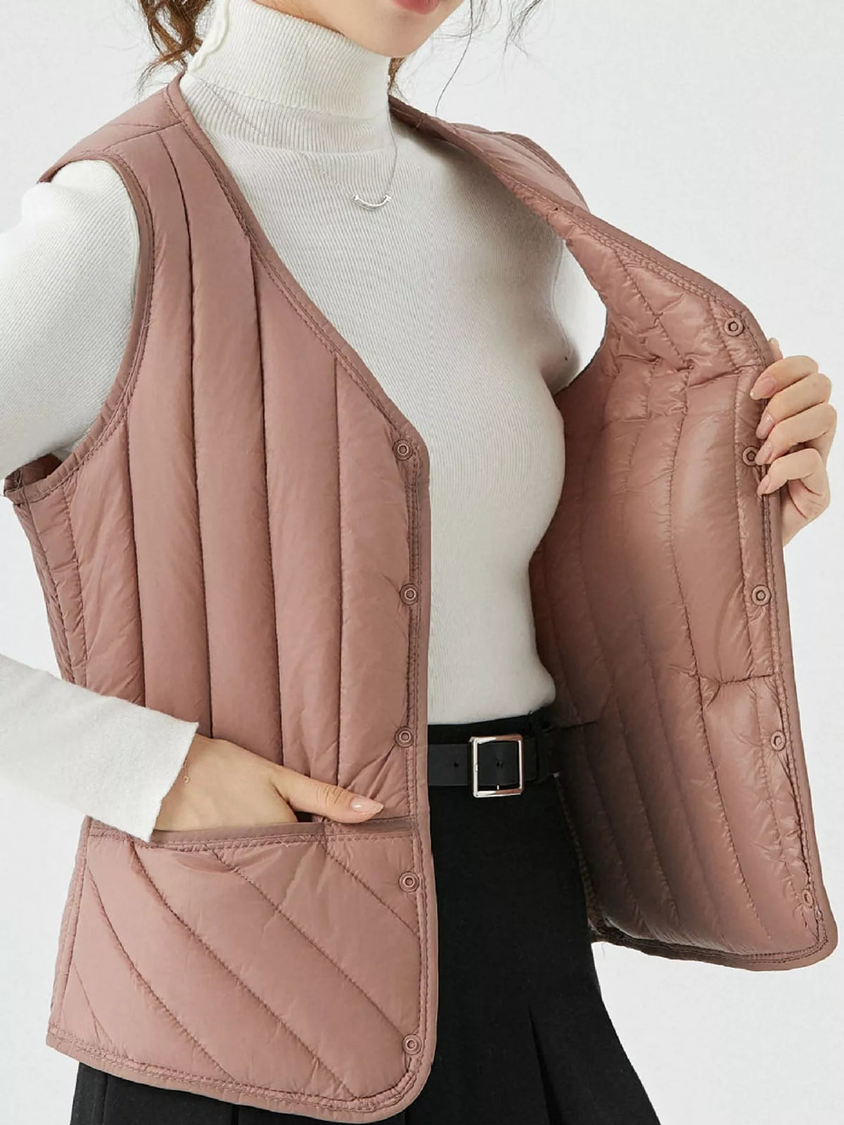 Quilted Button Up Vest in dusty pink, front view
