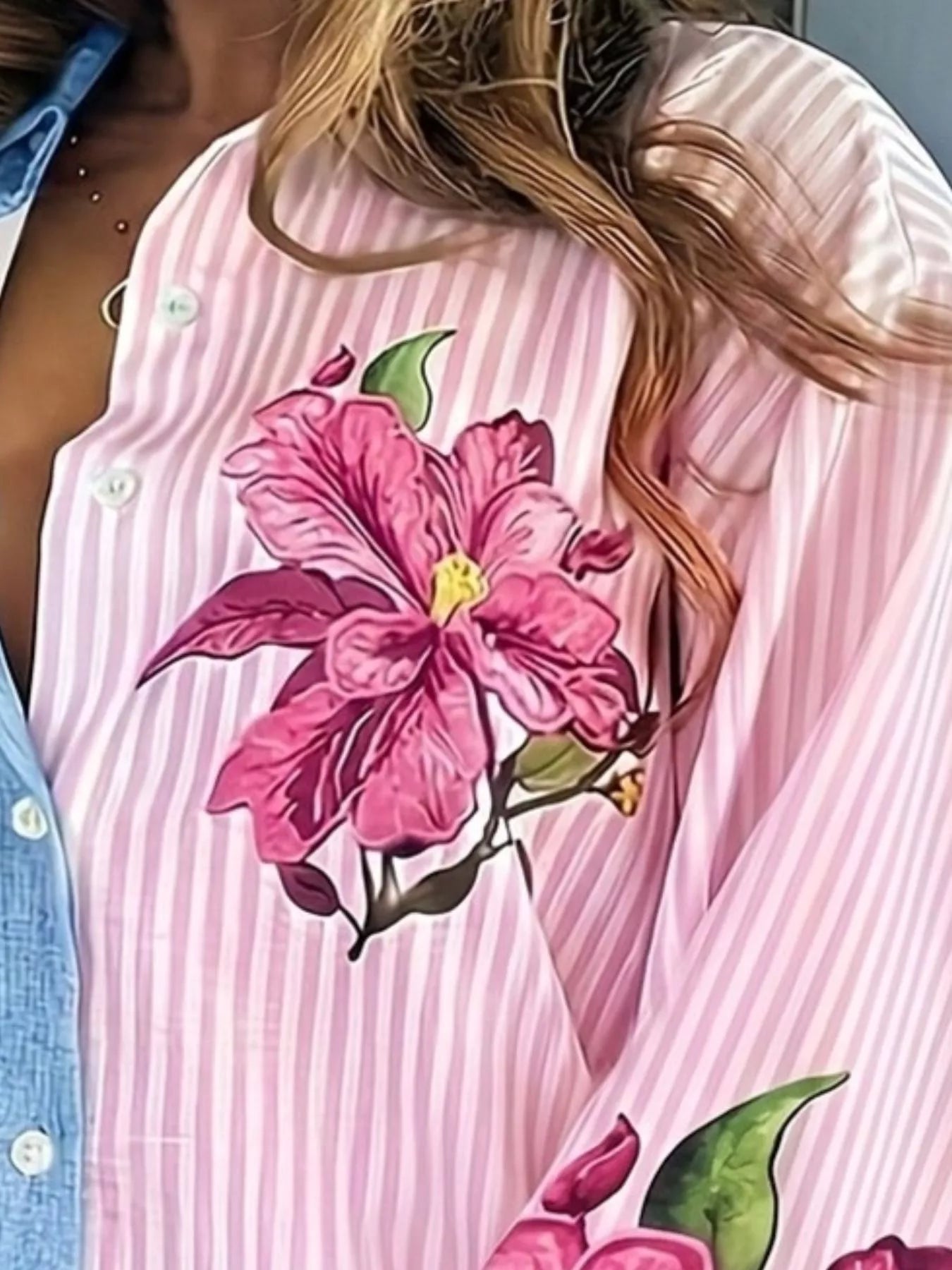 Trendsi Color-Block Striped Floral Print Oversized Shirt -