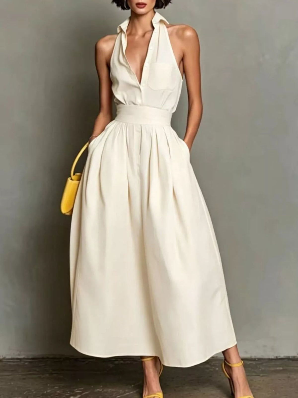 Cream halter-collar A-line midi dress, full front view