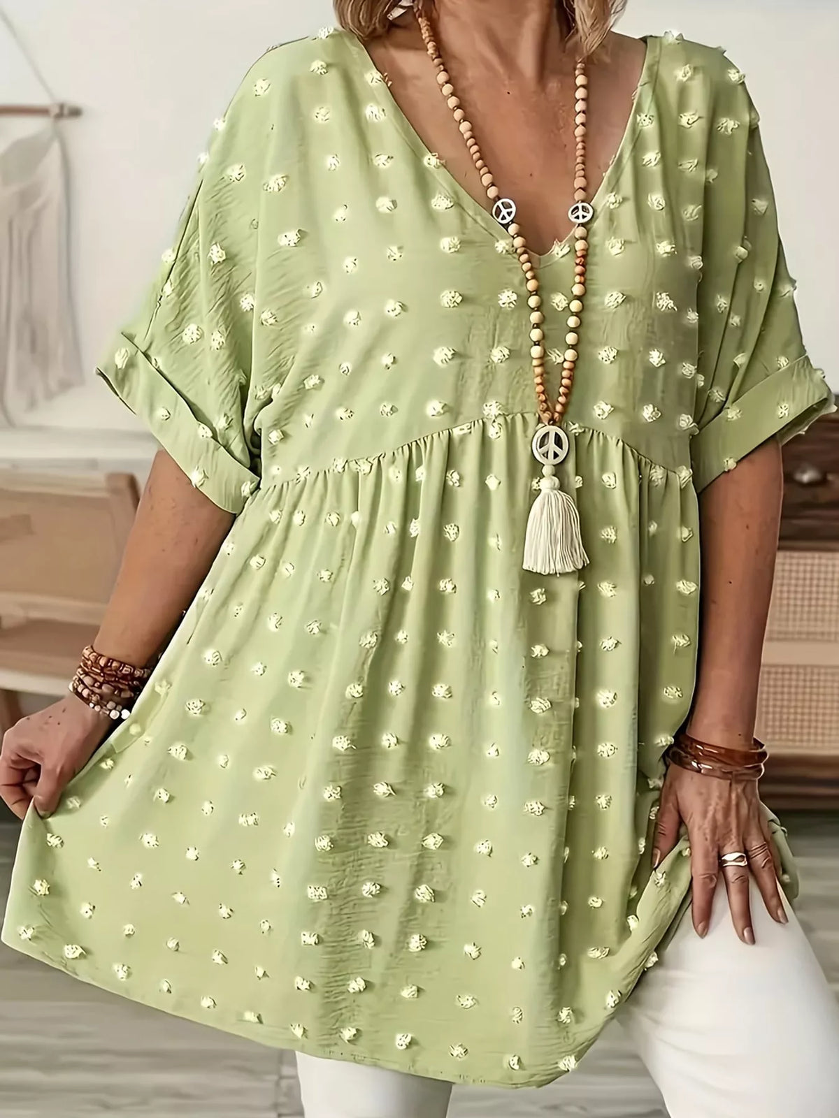 Swiss-dot blouse, light green front