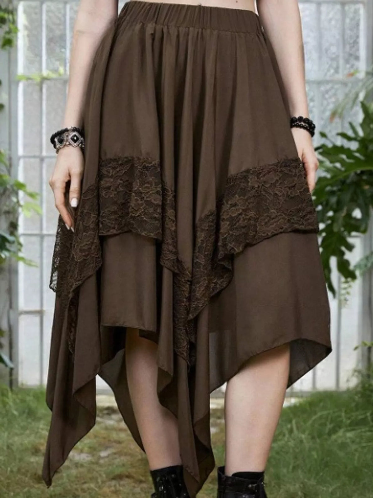 Asymmetric lace skirt, brown front