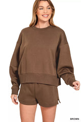 Trendsi Zenana Fleece Round Neck Sweatshirt and Shorts Set -