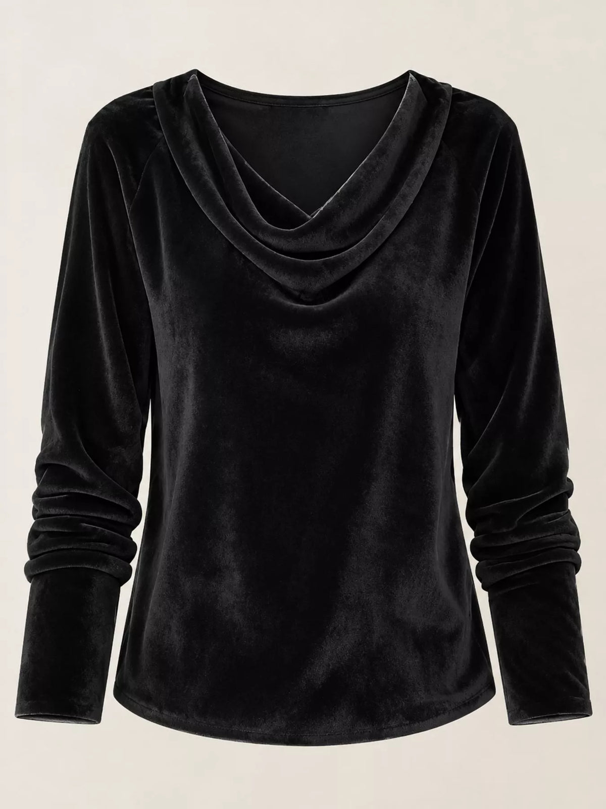 Black velvet cowl neck long sleeve t shirt, front view