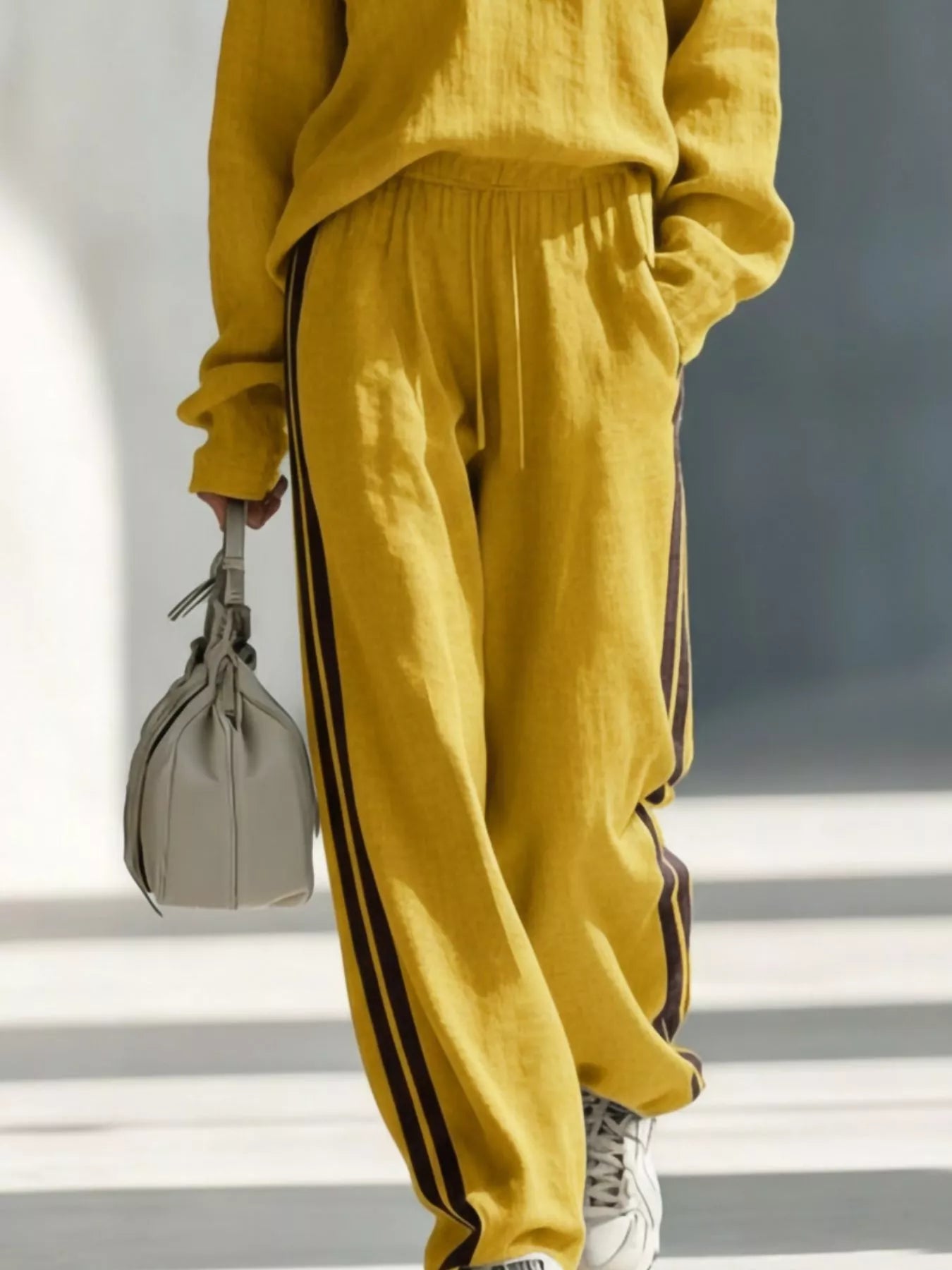 Trendsi Contrast V-Neck Top and Striped Pants Set -