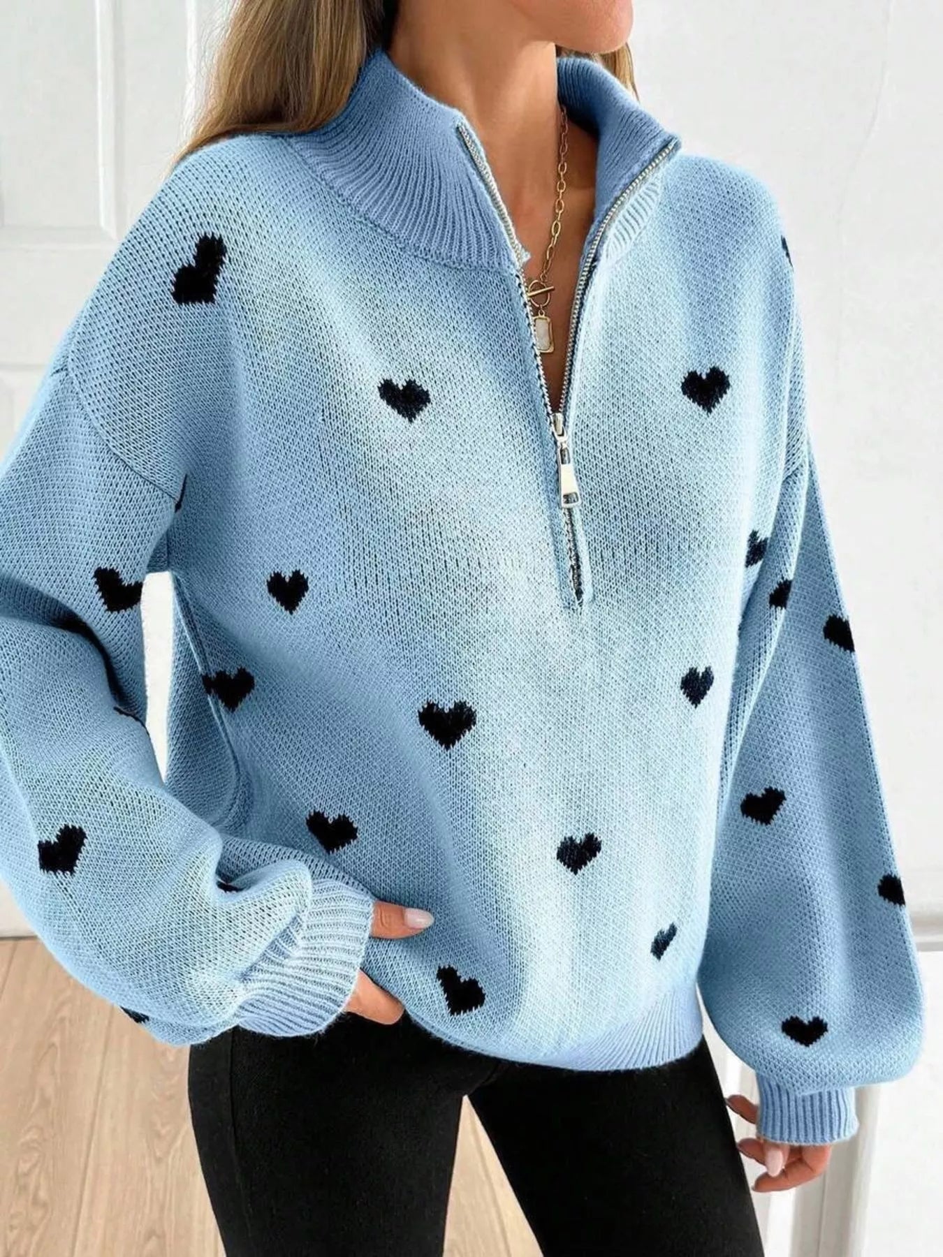 Trendsi Full Size Heart Half-Zip Long Sleeve Sweater Plus Size -