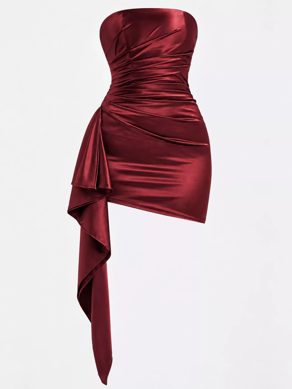 Burgundy strapless ruched asymmetric mini dress, product view