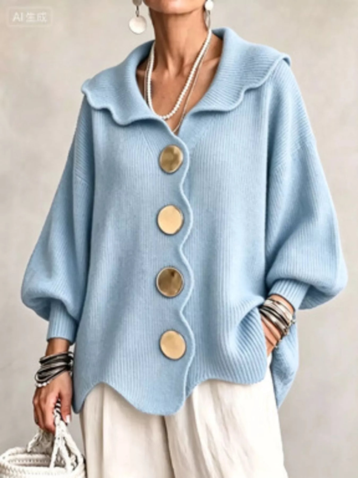 Light blue scalloped-edge knit cardigan, front view