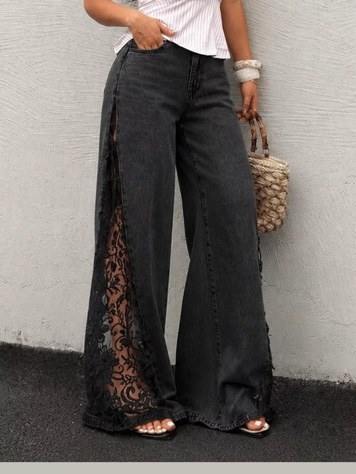 High-Waisted Wide-Leg Jeans with Sheer Floral Lace Side Panels — front view