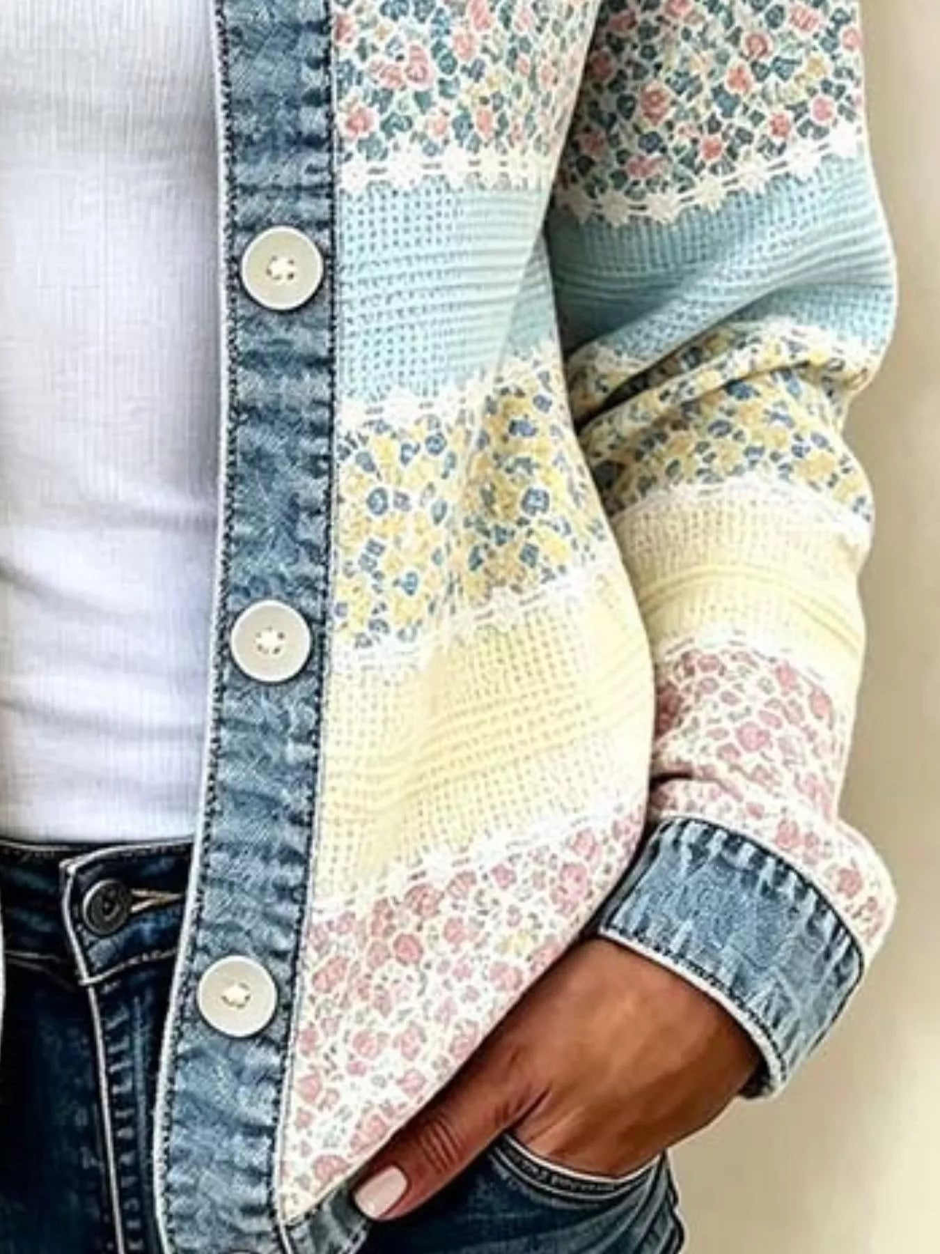 Floral patchwork denim-trim jacket