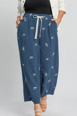 Trendsi Umgee Full Size Lace Drawstring Embroidered Bow Wide Leg Pants Plus Size - Pants