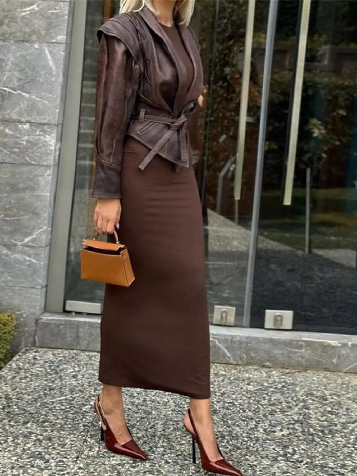 Trendsi Belted Leather Jacket with Shawl Collar -
