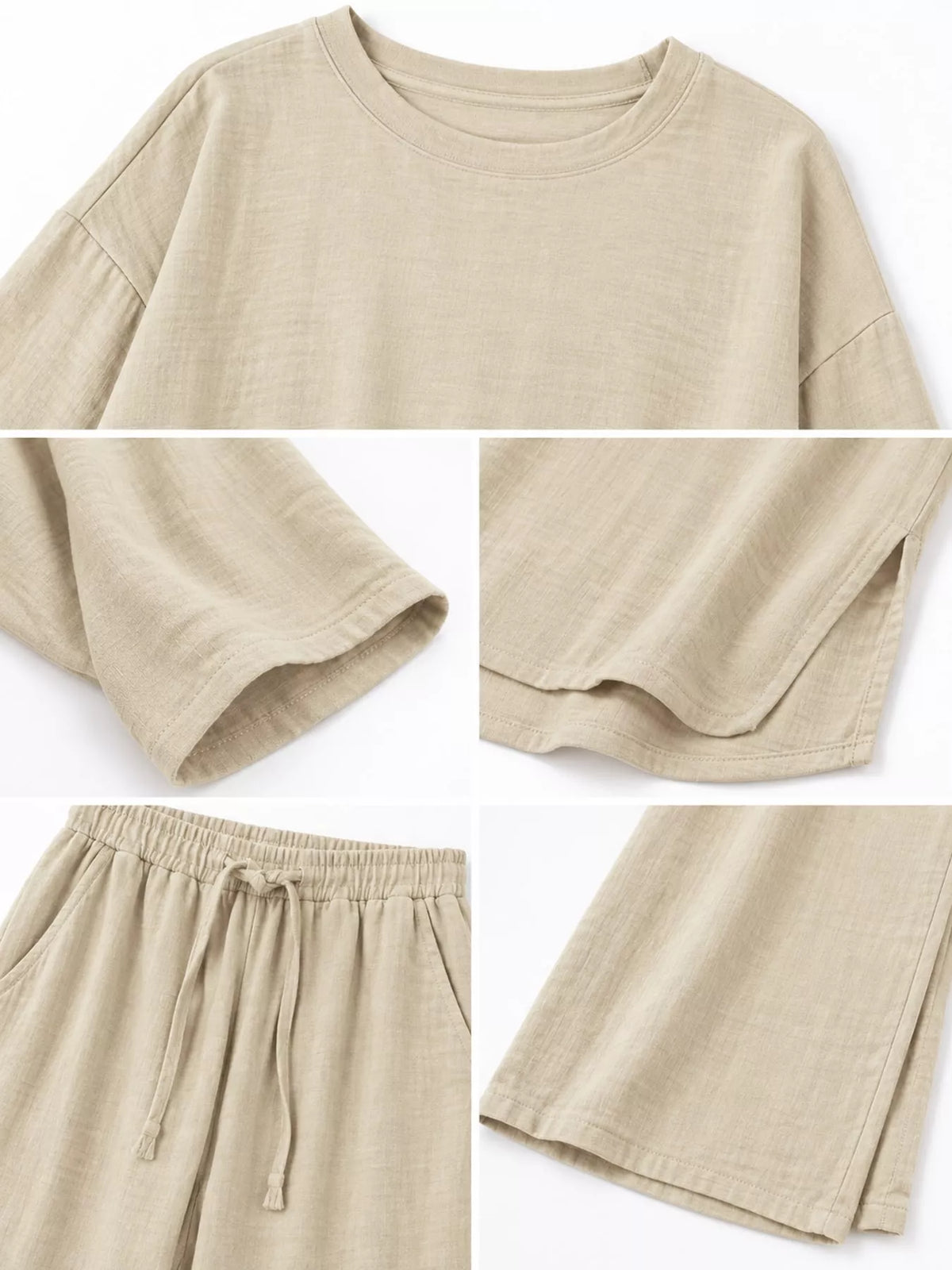 Women's Round Neck Top and Drawstring Wide-Leg Pants Set in cream — detail collage view
