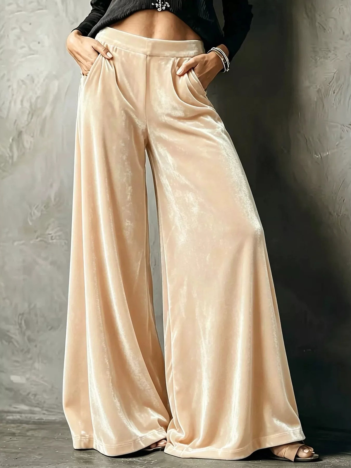Cream wide-leg velvet pants, front view