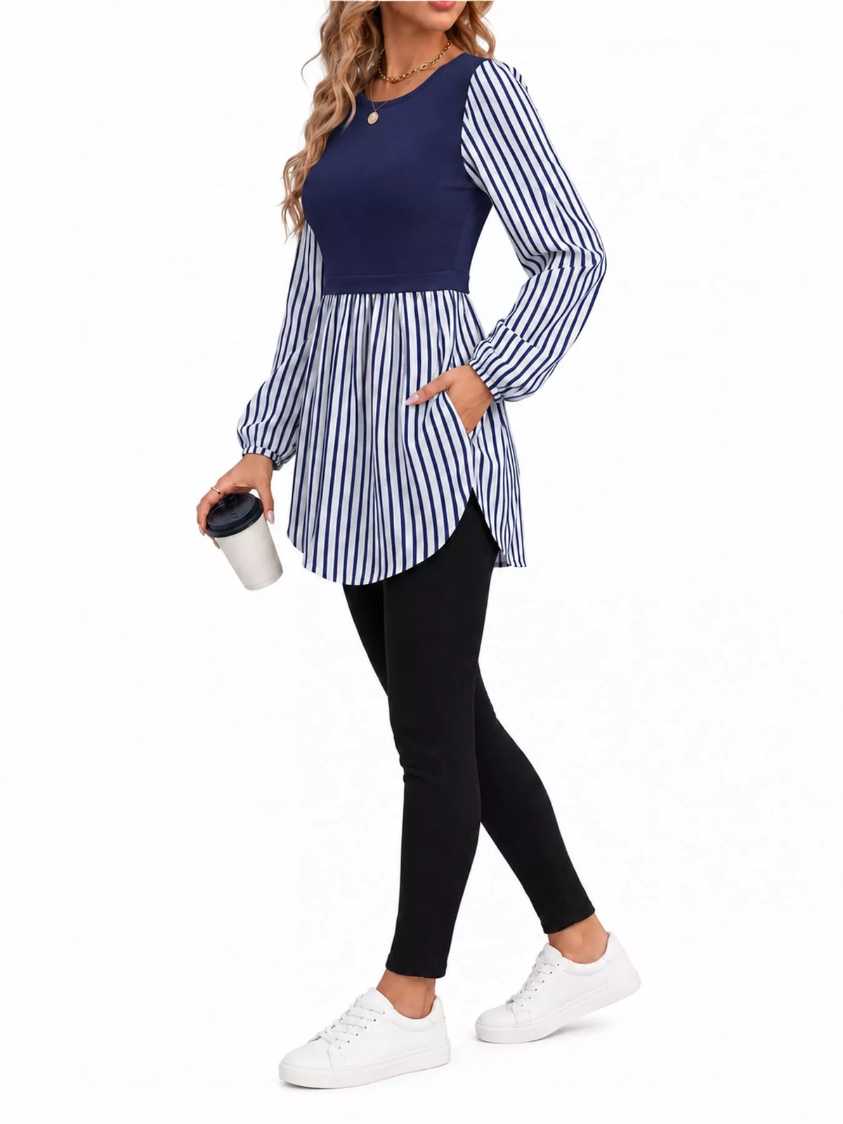 Contrast Panel Long Sleeve Tunic Blouse — side view