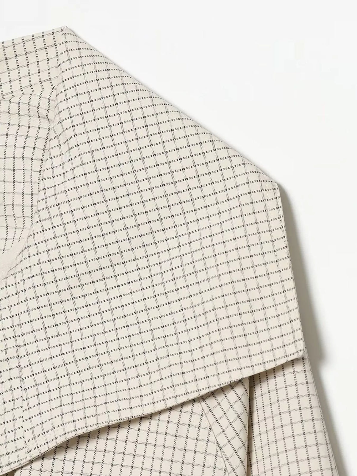 Shoulder flap on cream check plaid double-breasted cropped jacket