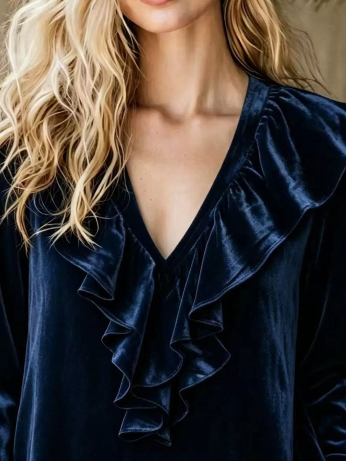 Dark Navy Velvet Ruffled V-Neck Long Sleeve Blouse neckline detail