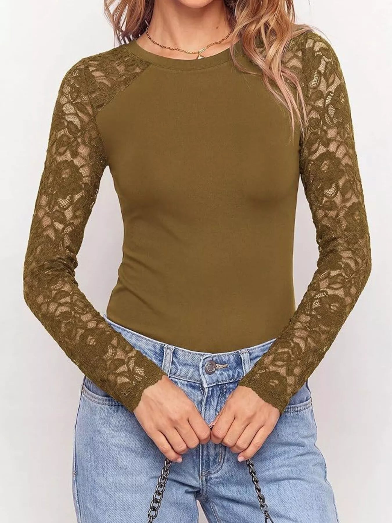 Trendsi Lace Long Sleeve Round Neck T-Shirt -