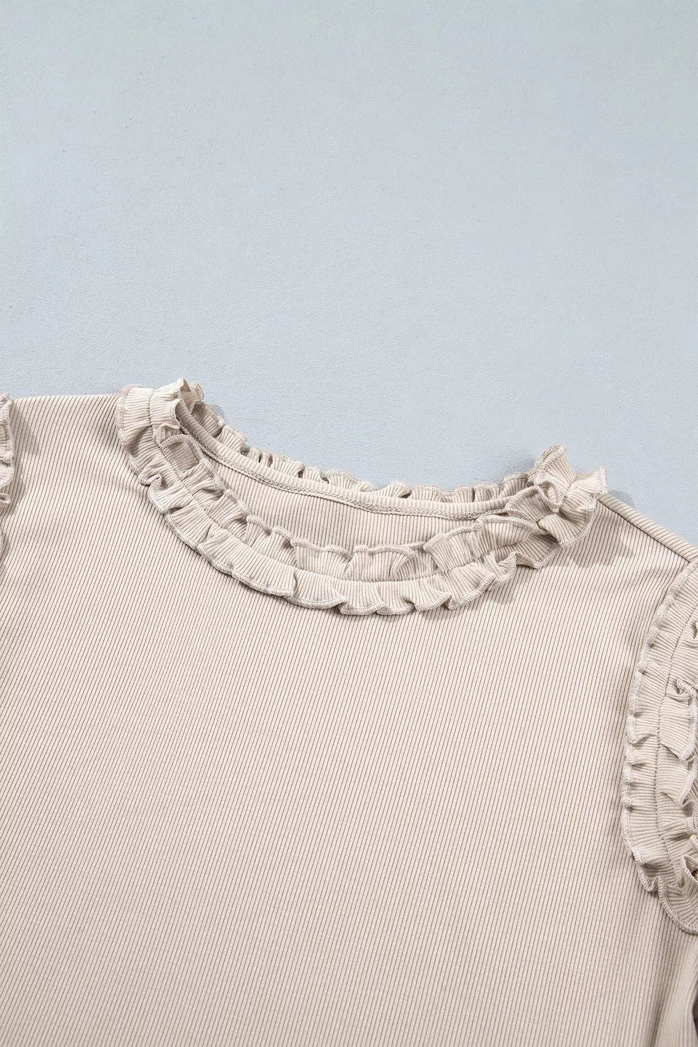 Trendsi Solid Color Round Neck Frill Detail Long Sleeve Top -