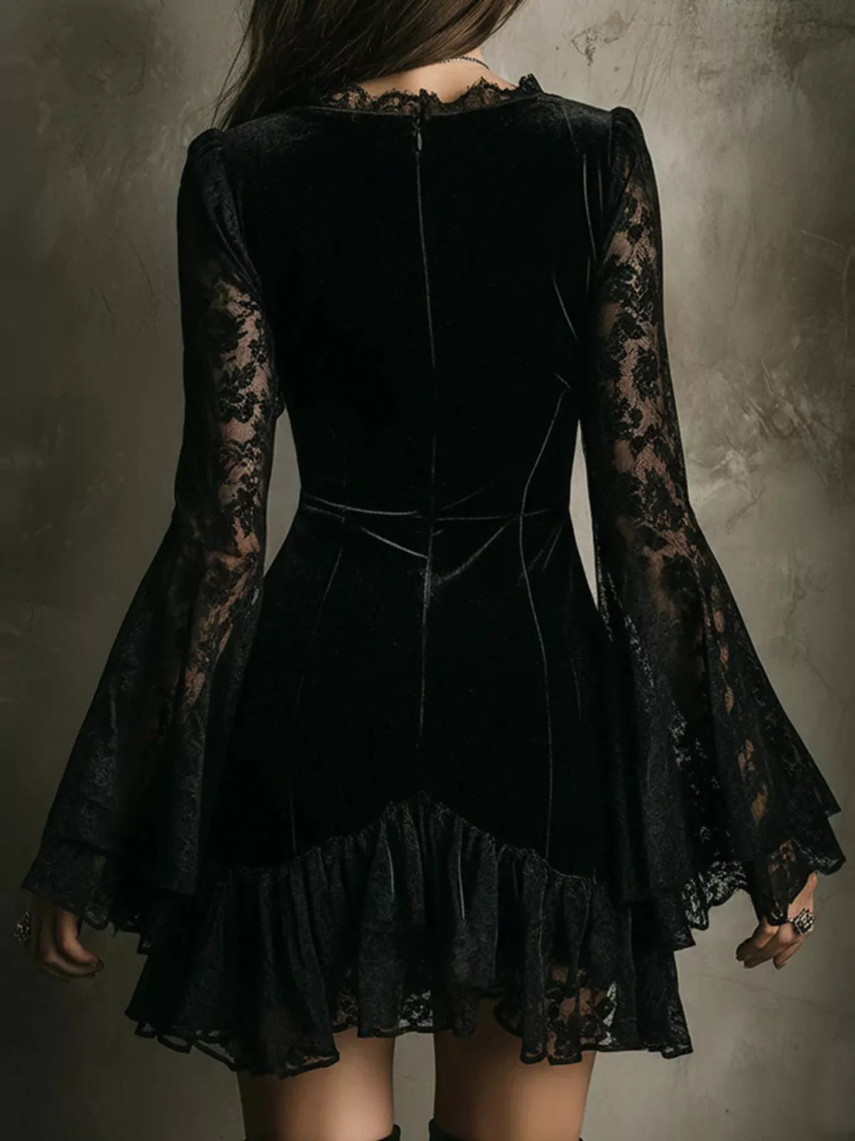 Trendsi Velvet Lace Trim V-Neck Mini Dress -