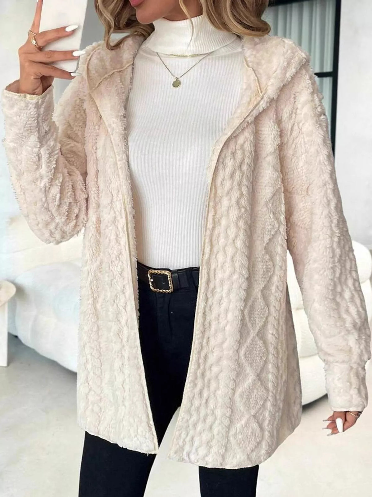 Cable Knit Zip-Up Hooded Cardigan in cream