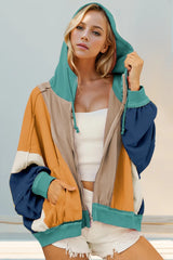 Trendsi Double Take Full Size Color Block Zip Up Hoodie -