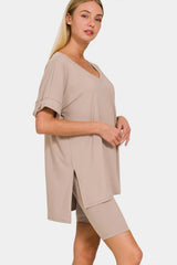 Trendsi Zenana Full Size V-Neck Short Sleeve Slit T-Shirt and Shorts Set -