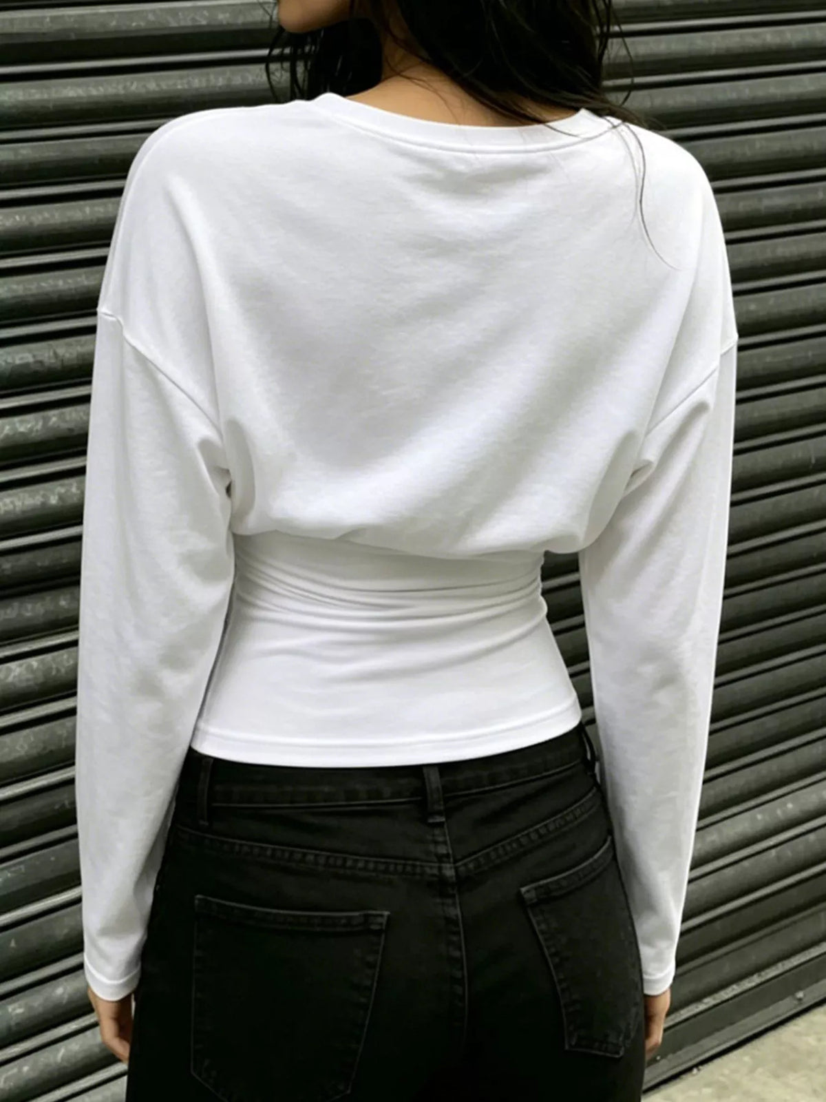 Slim Fit V-Neck Long Sleeve Ruched T-Shirt in white, back view