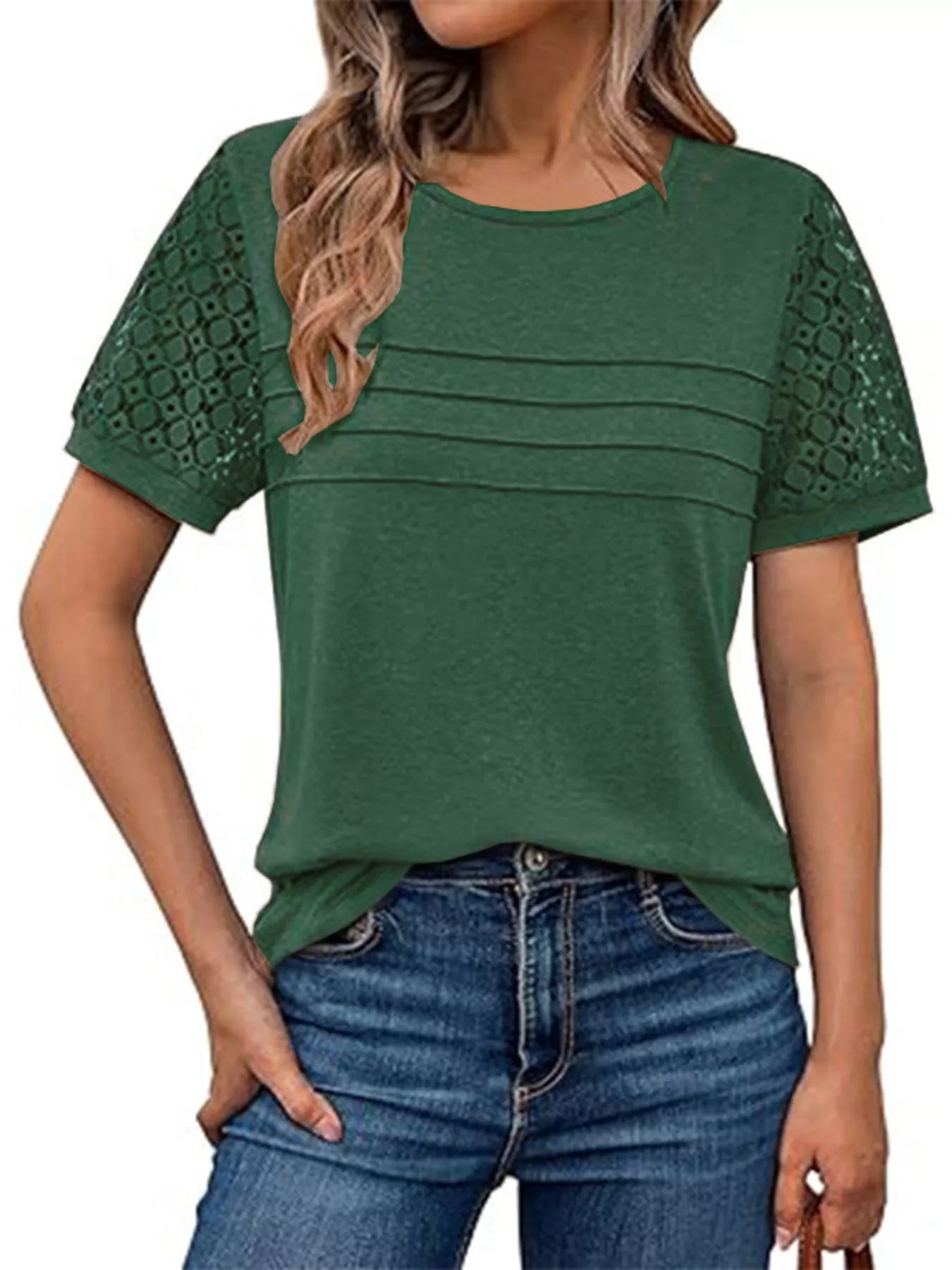 Trendsi Lace Short Sleeve Round Neck T-Shirt -