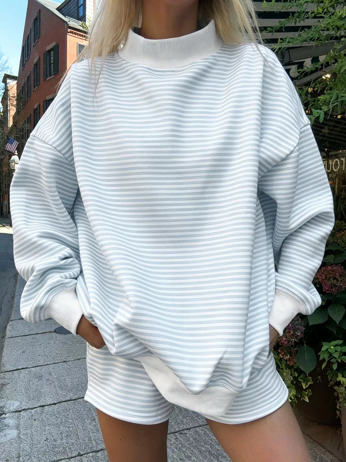 Trendsi Striped Mock Neck Sweatshirt and Shorts Set -