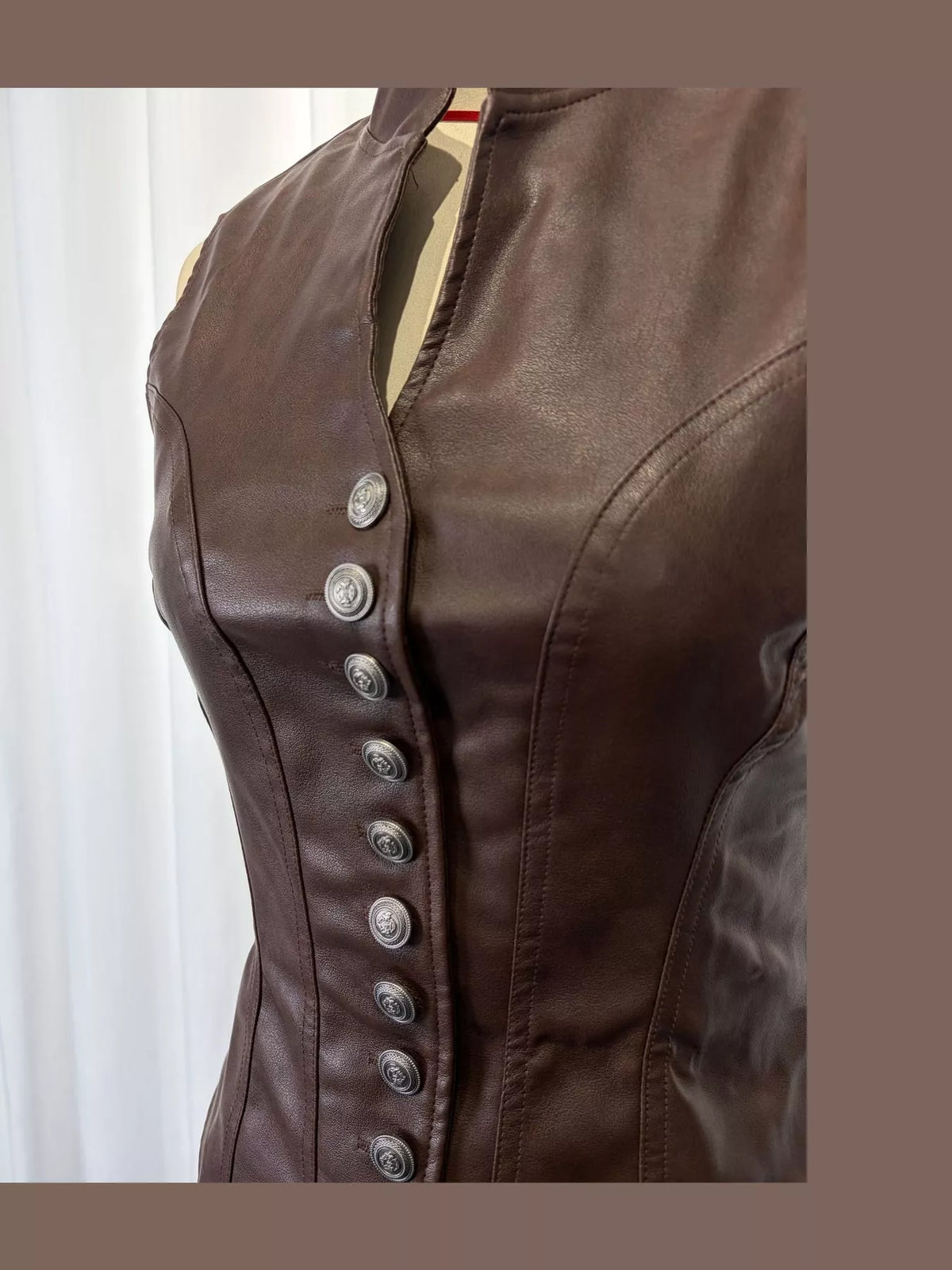 Faux Leather Button-Down Vest in coffee, construction detail