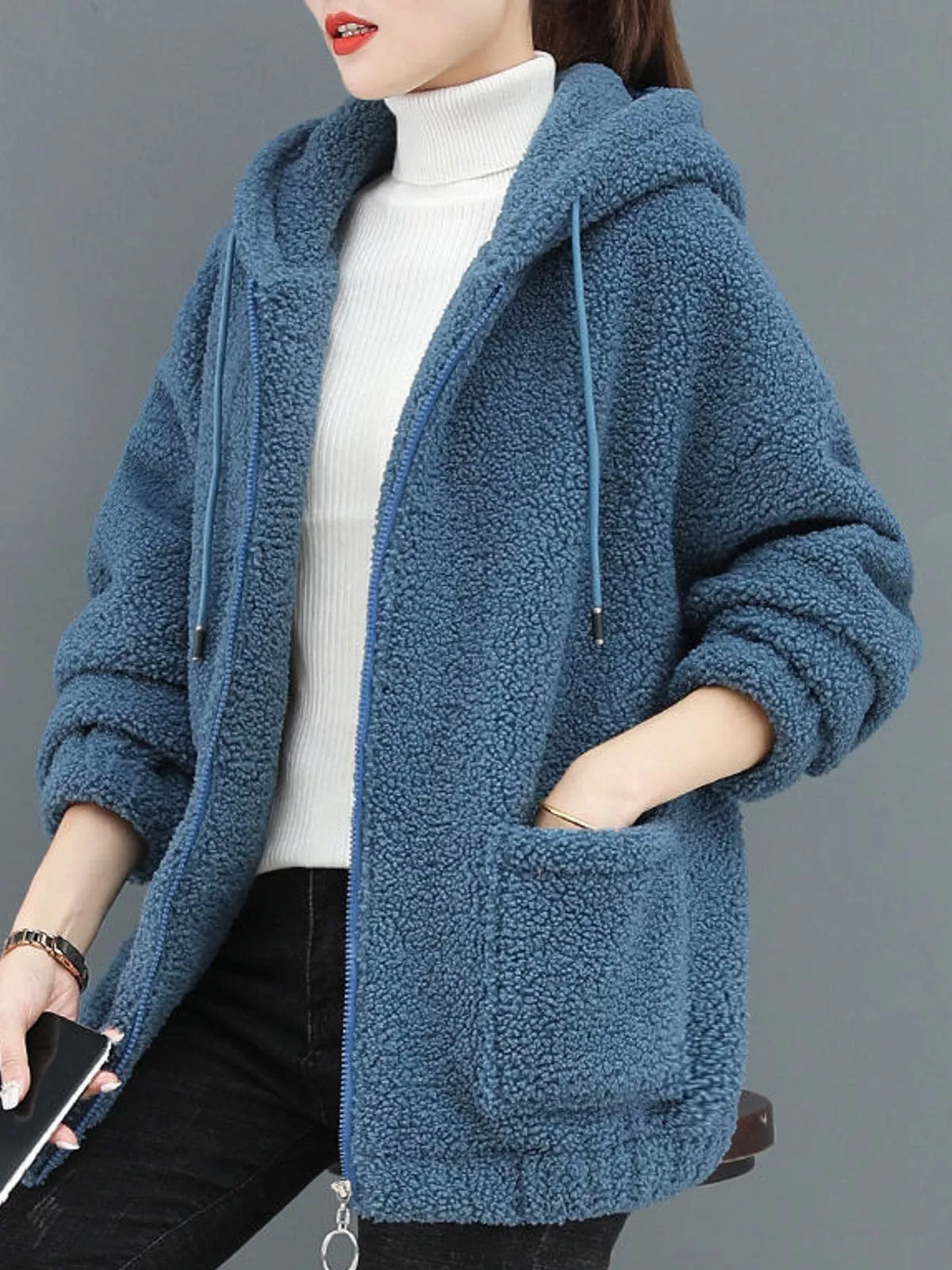 Blue fleece zip-up hoodie with pockets