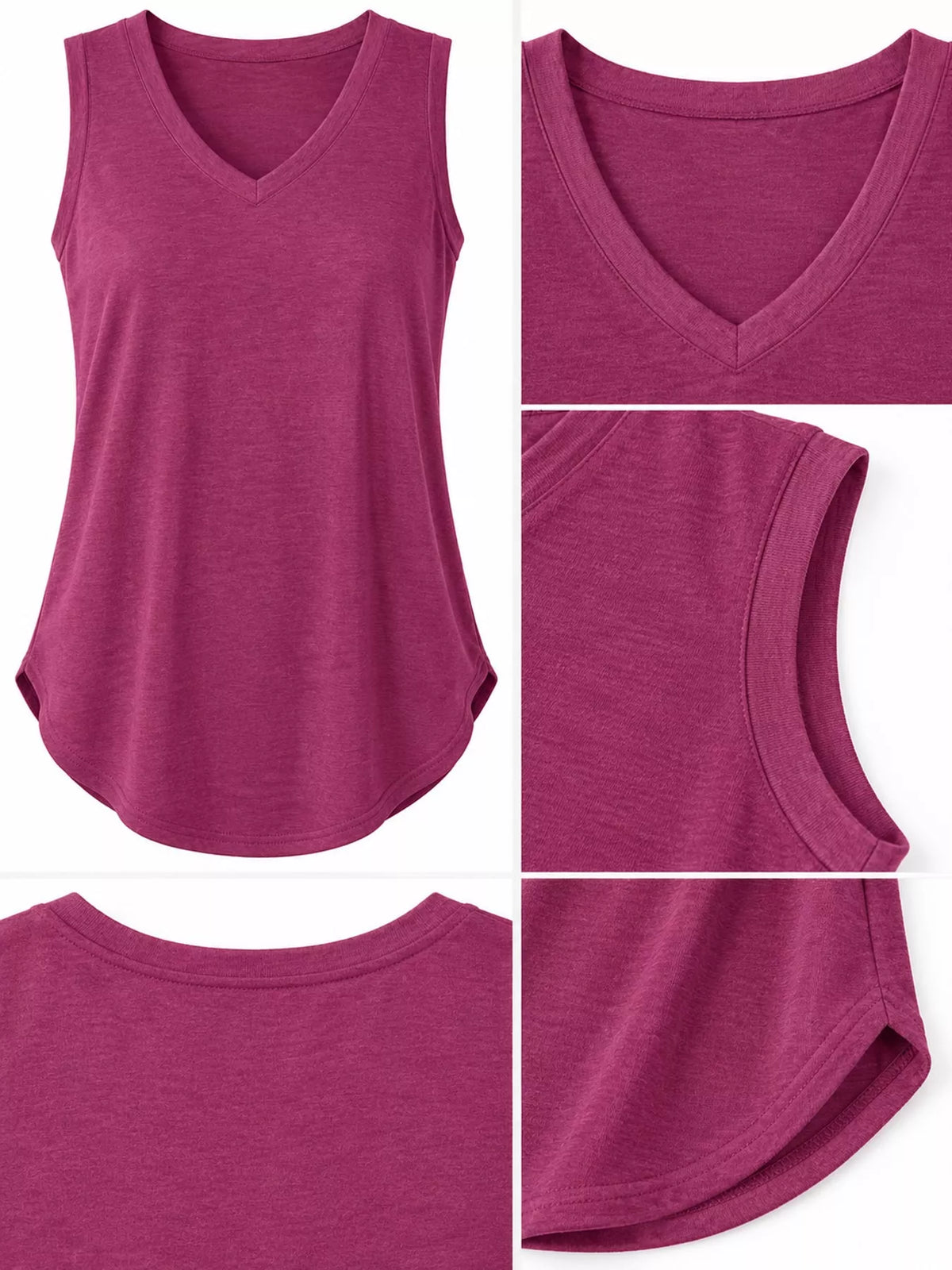 Purple v-neck loose fit tank top, V-neckline, armhole, curved hem, and side slit close-ups