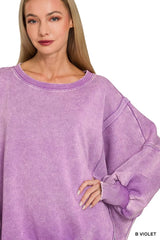 Trendsi Zenana Acid Washed Batwing Sleeve Fleece Sweatshirt -
