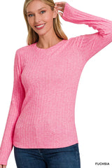 Trendsi Zenana Ribbed Long Sleeve Round Neck T-Shirt -