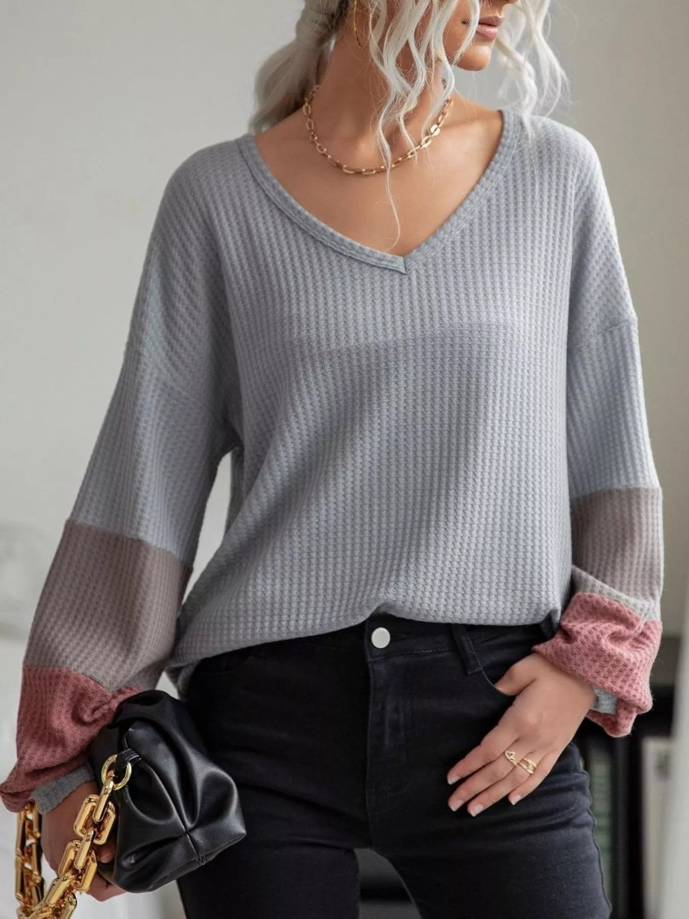 Trendsi V-Neck Waffle Knit Long Sleeve T-Shirt -