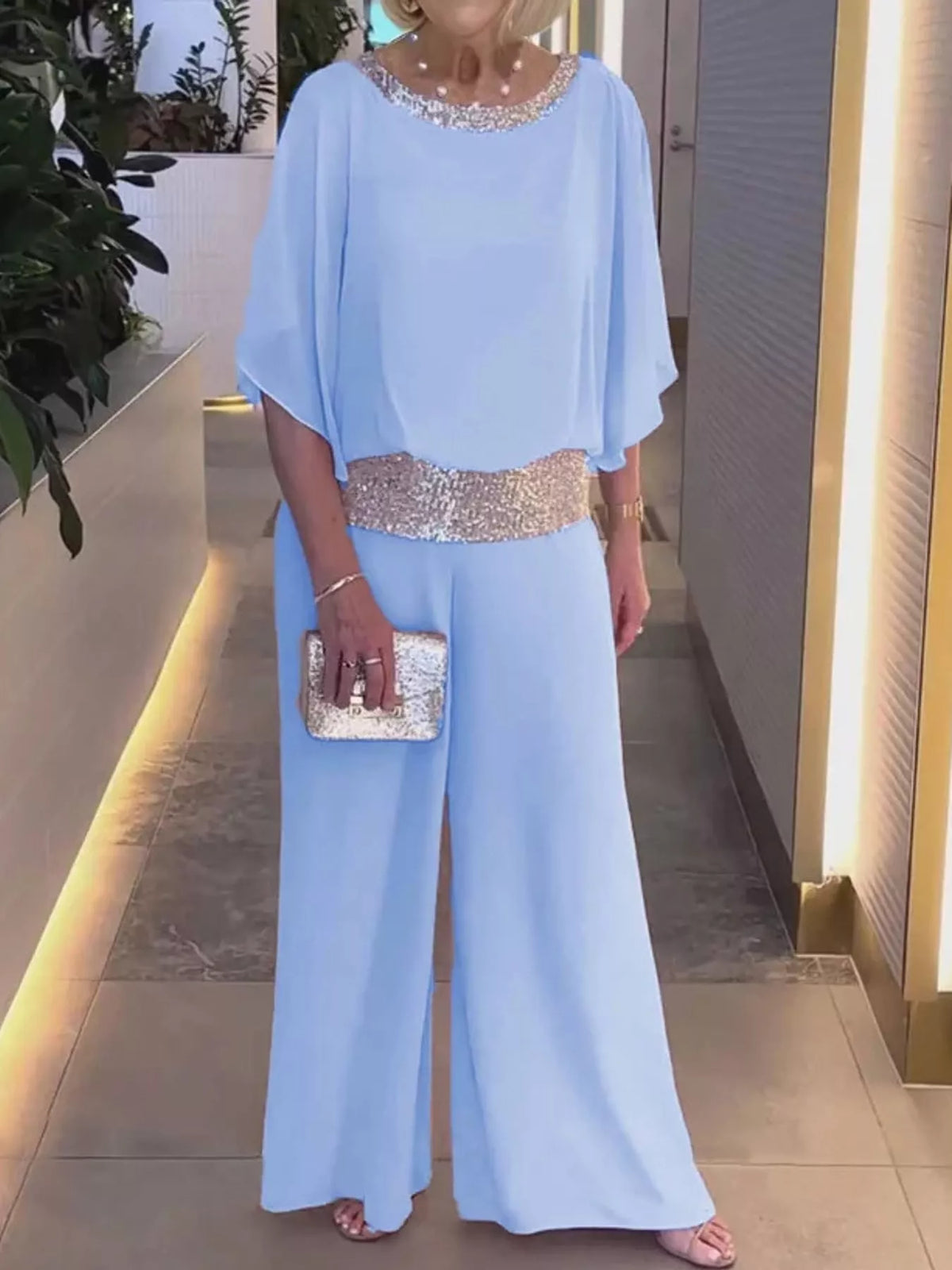 Chiffon Top and Wide-Leg Pants Set — front view
