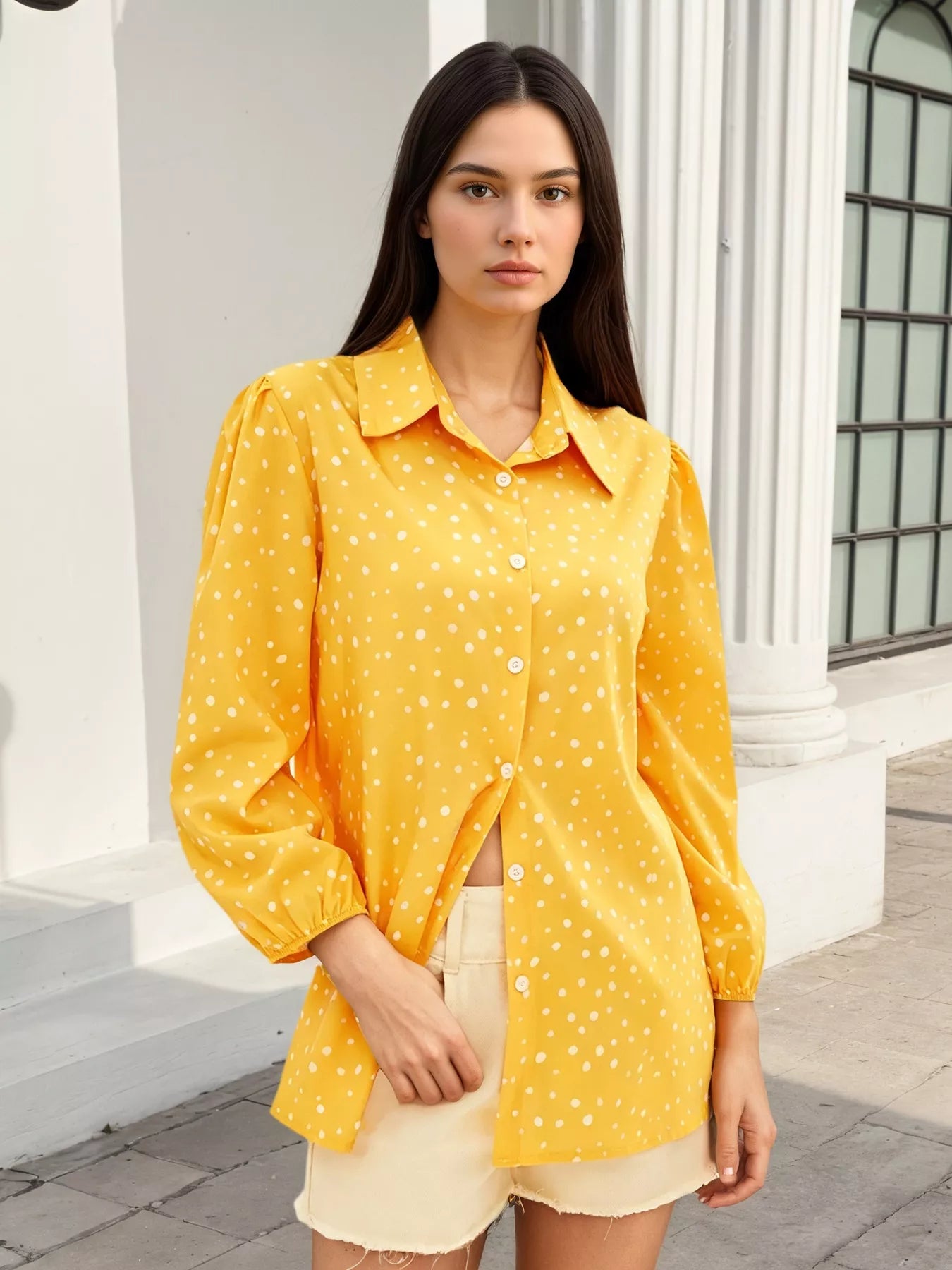 Trendsi Polka Dot Puff Sleeve Shirt - Shirts