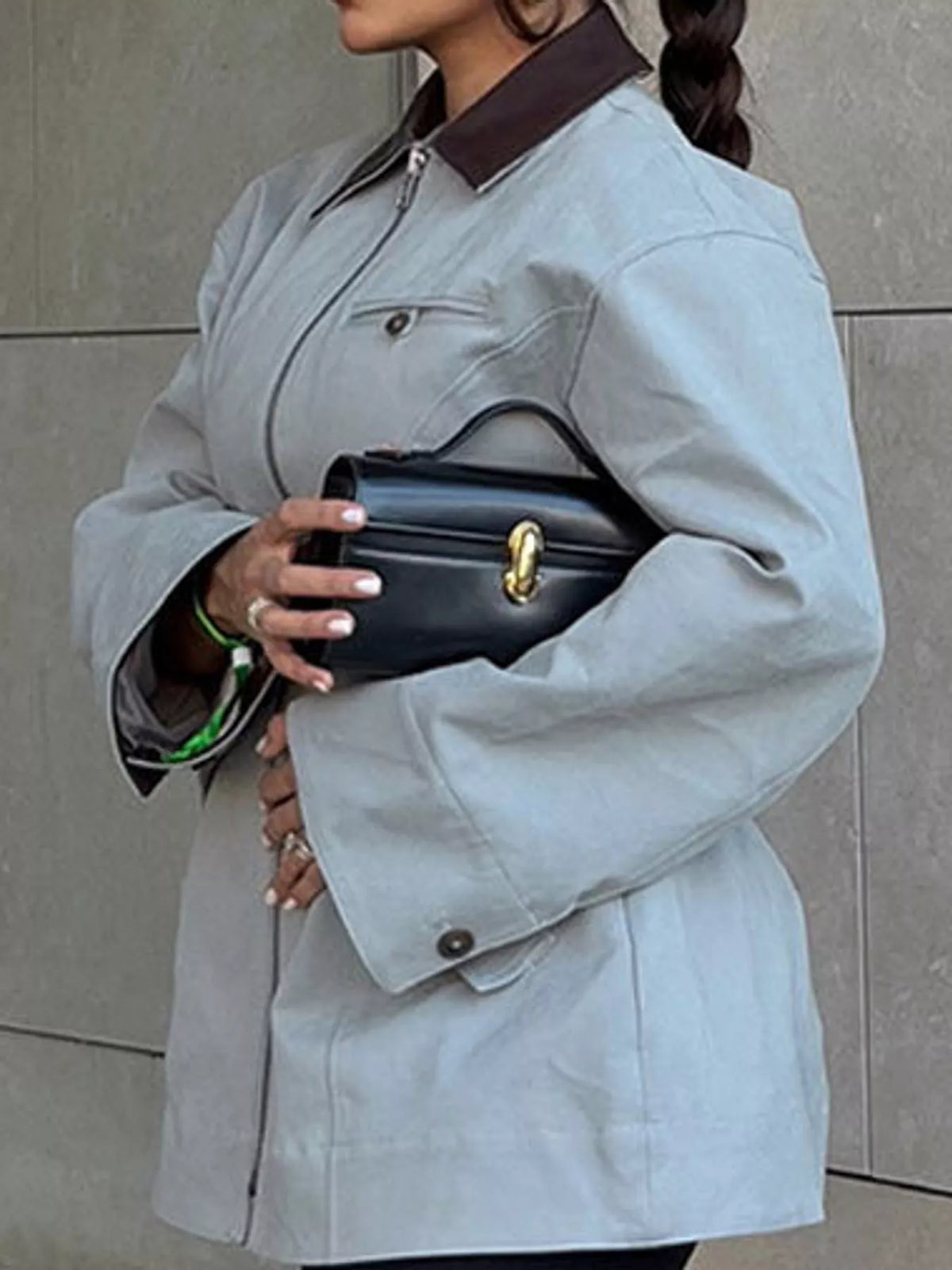 Pale gray-green contrast collar zip-up jacket — side view