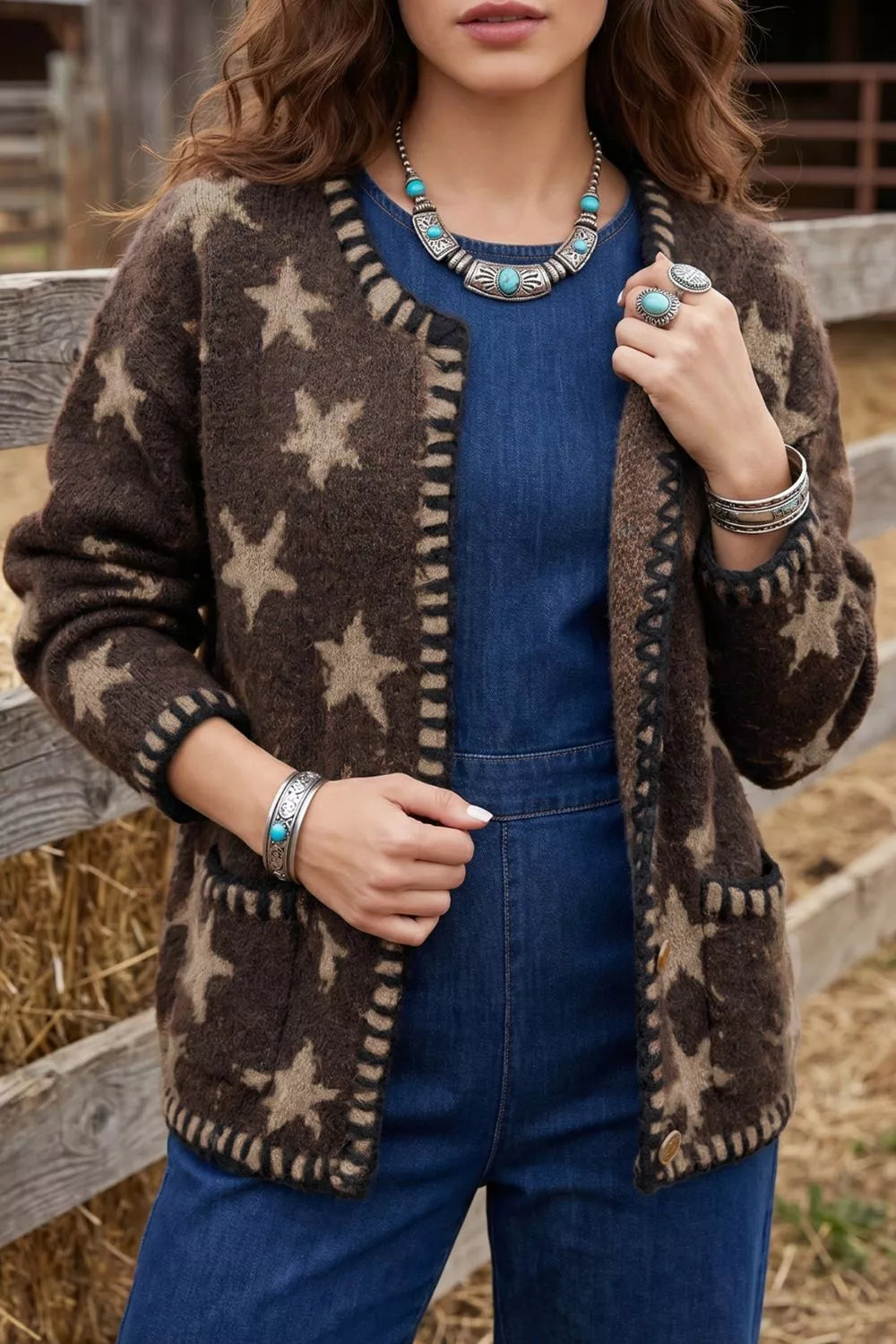 Trendsi Stars Pattern Colorblock Long Sleeve Shift Cardigan -