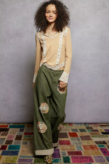 Trendsi POL Floral Patch V-Neck Long Sleeve Ribbed Top -