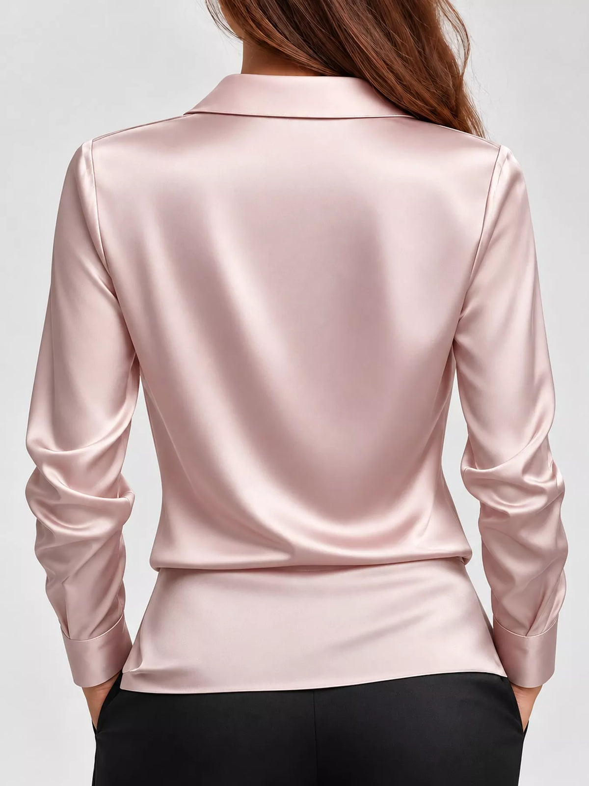 Blush pink satin cowl neck blouse, back view