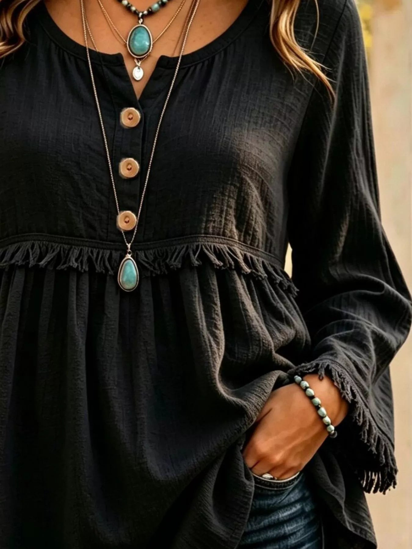 Trendsi Button-Down Detail Fringed Hem Blouse -